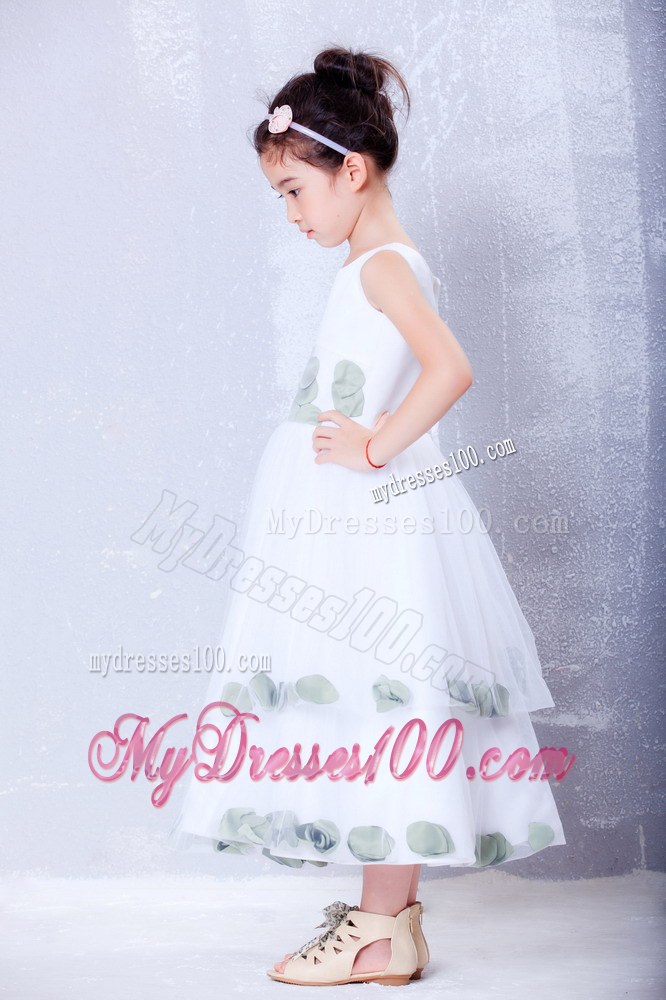 White Scoop Tea-length Hand Made Flowers Flower Girl Dress