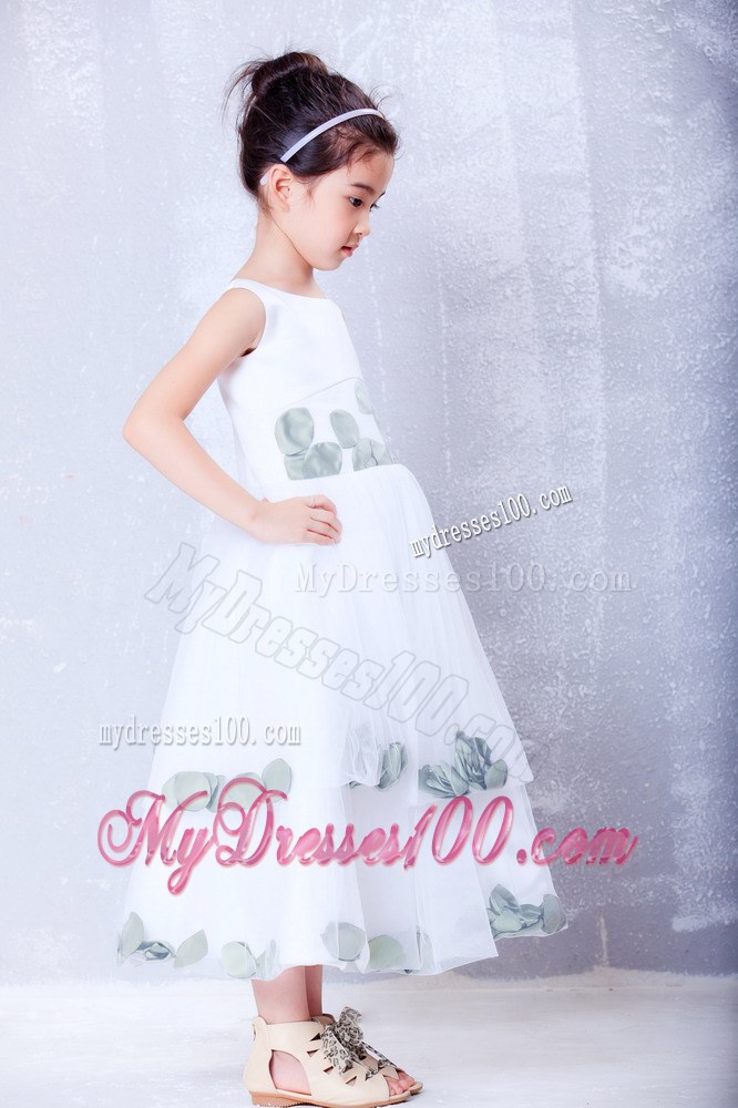White Scoop Tea-length Hand Made Flowers Flower Girl Dress