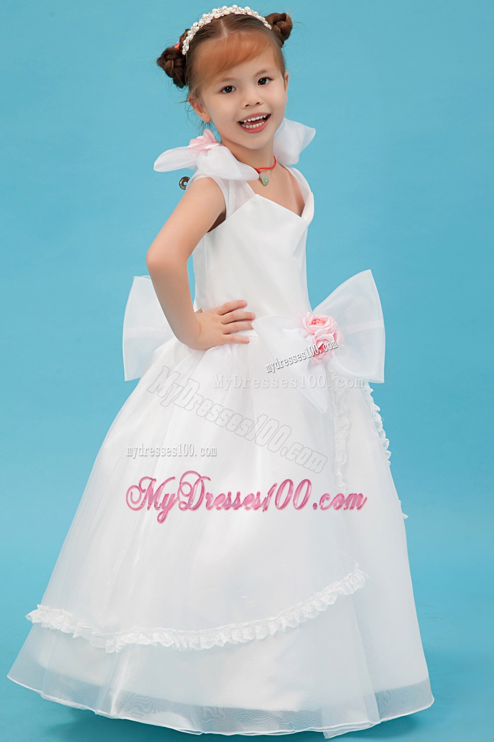 White Square Floor-length Hand Made Flowers Flower Girl Dress