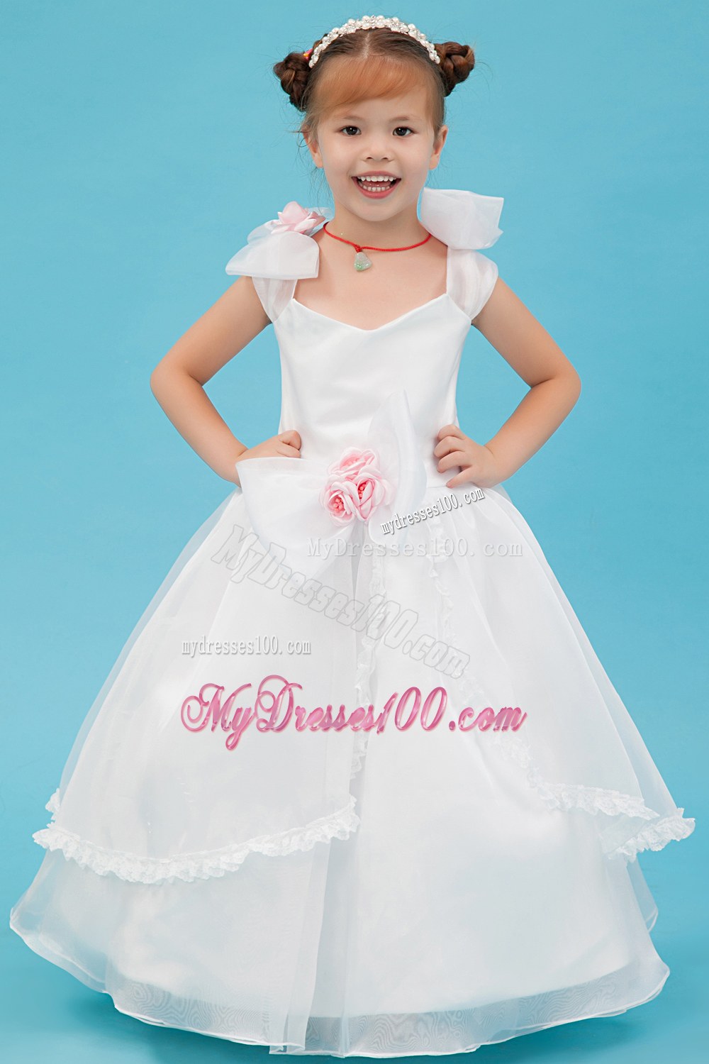 White Square Floor-length Hand Made Flowers Flower Girl Dress