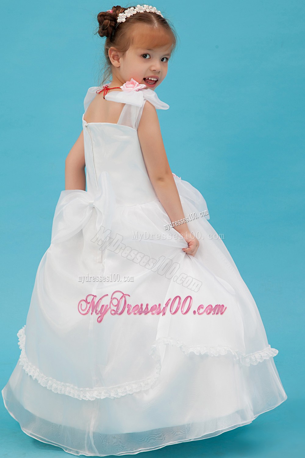 White Square Floor-length Hand Made Flowers Flower Girl Dress