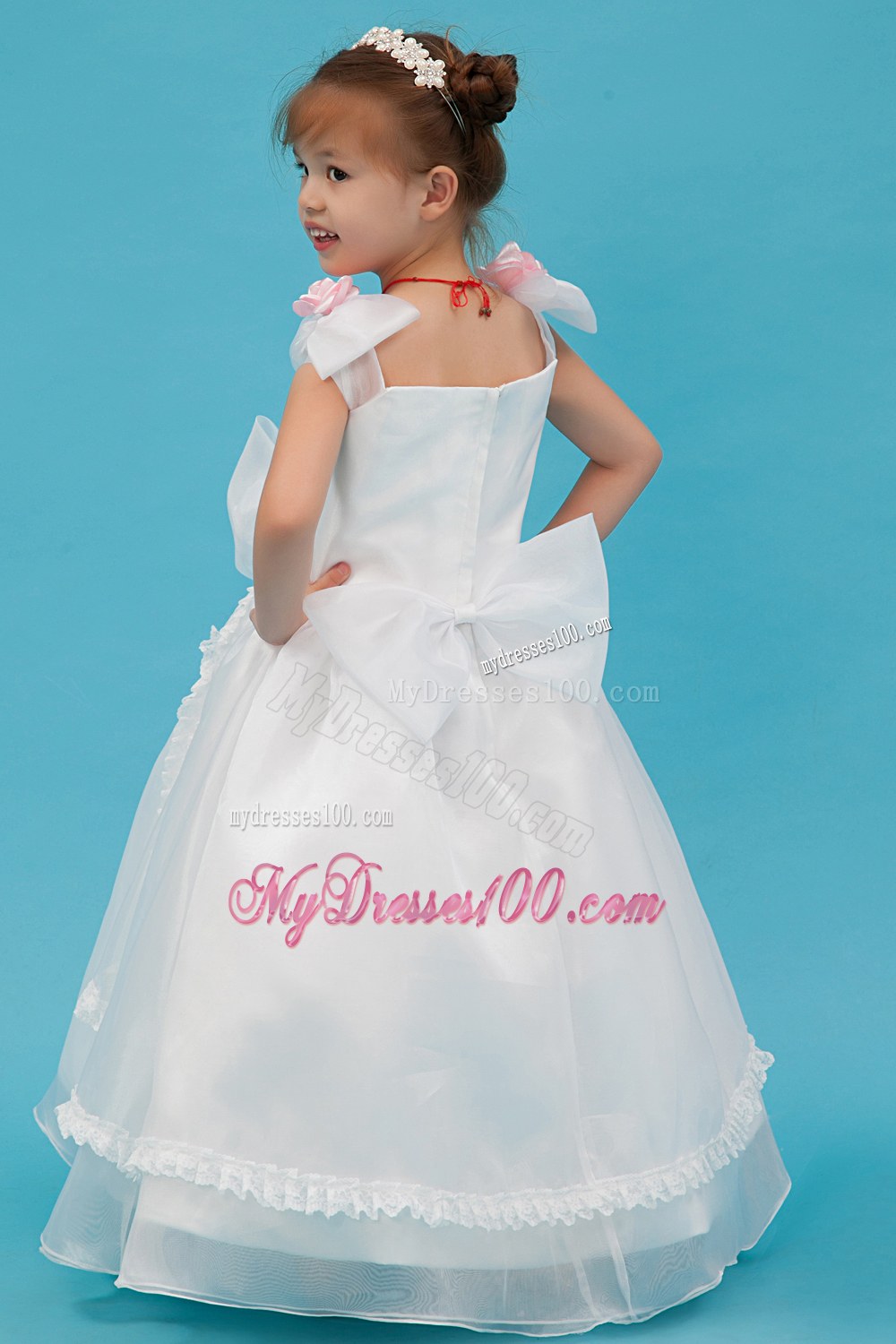 White Square Floor-length Hand Made Flowers Flower Girl Dress