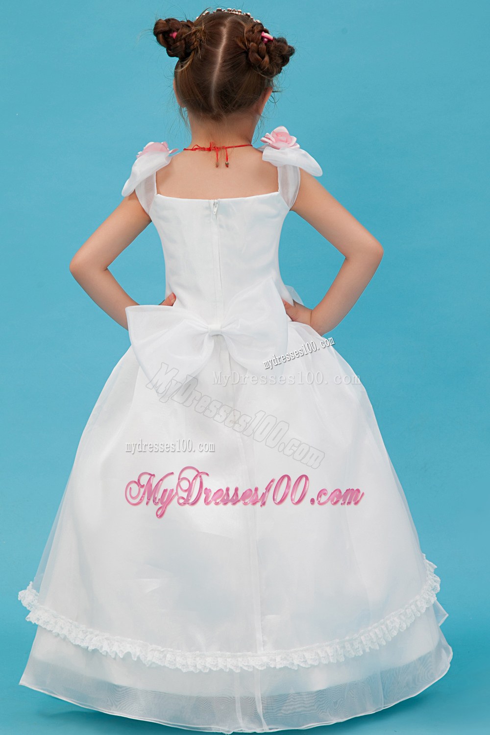 White Square Floor-length Hand Made Flowers Flower Girl Dress