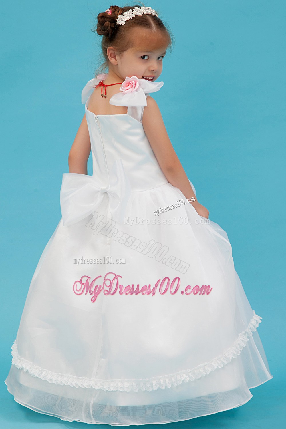 White Square Floor-length Hand Made Flowers Flower Girl Dress