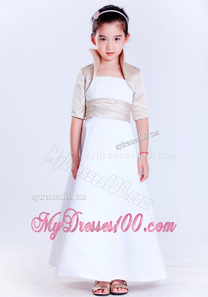 White Strapless Ankle-length Beading Flower Girl Dress