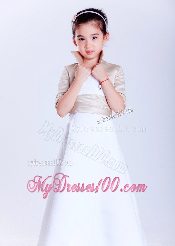 White Strapless Ankle-length Beading Flower Girl Dress