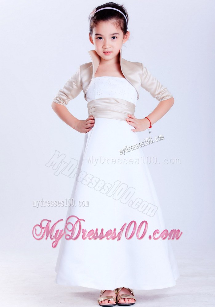 White Strapless Ankle-length Beading Flower Girl Dress