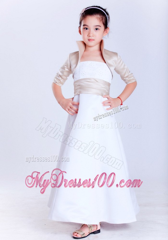 White Strapless Ankle-length Beading Flower Girl Dress