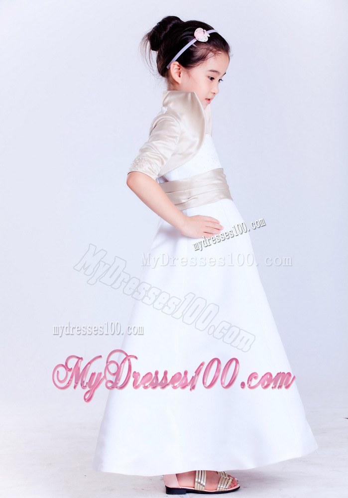 White Strapless Ankle-length Beading Flower Girl Dress