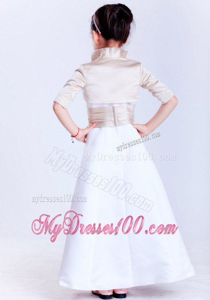 White Strapless Ankle-length Beading Flower Girl Dress