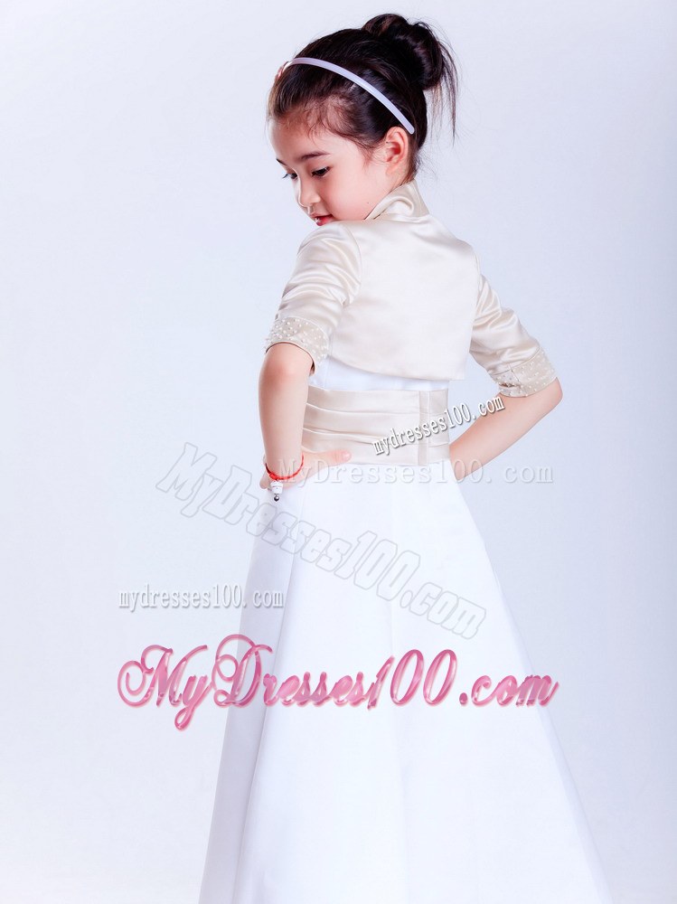 White Strapless Ankle-length Beading Flower Girl Dress