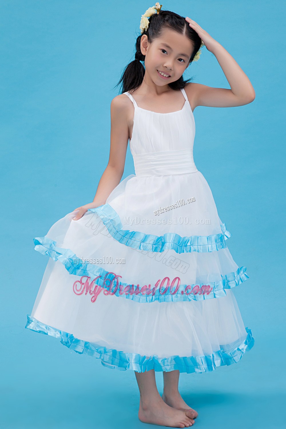 White Straps Tea-length Ruched Flower Girl Dress