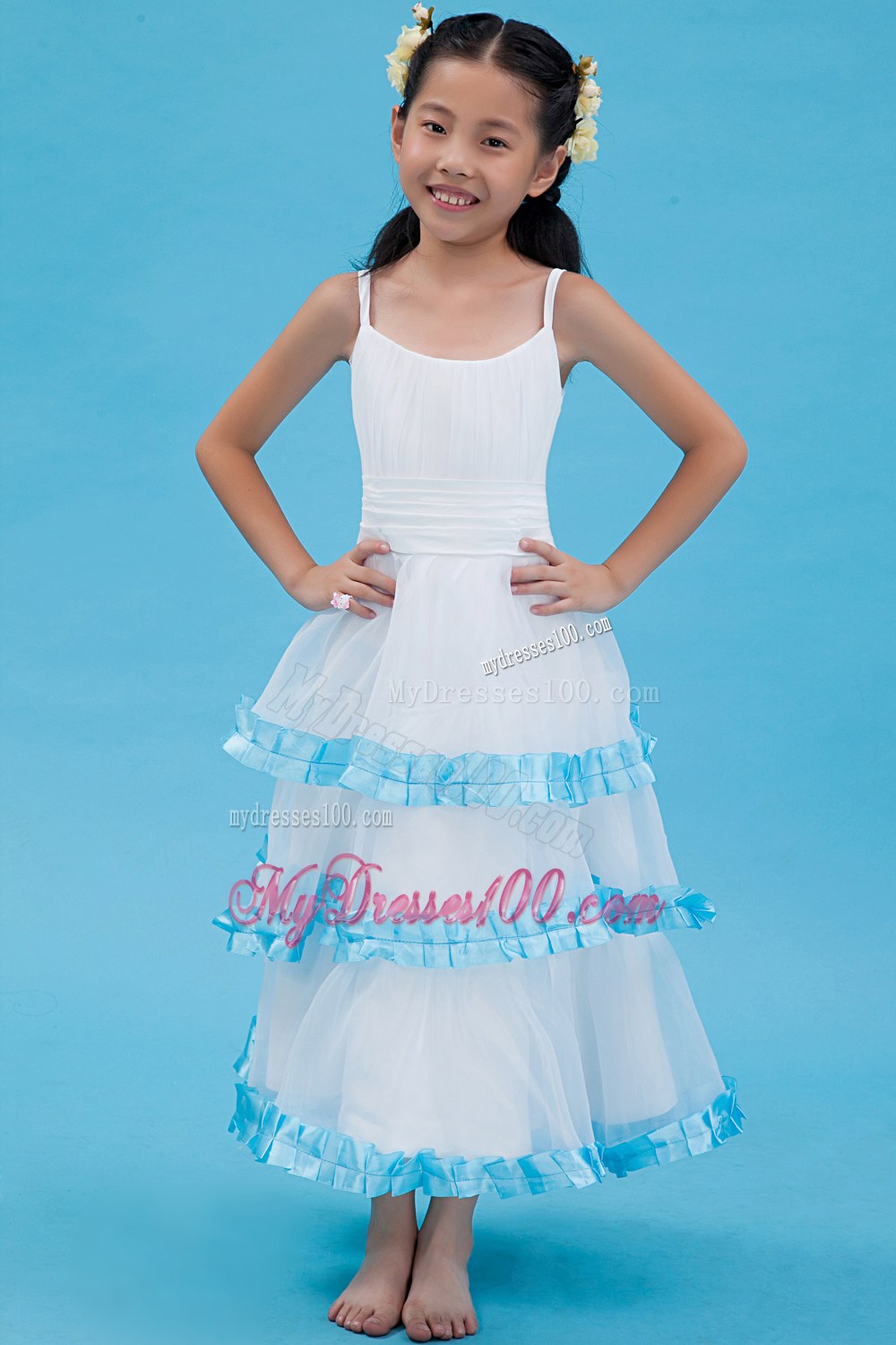 White Straps Tea-length Ruched Flower Girl Dress