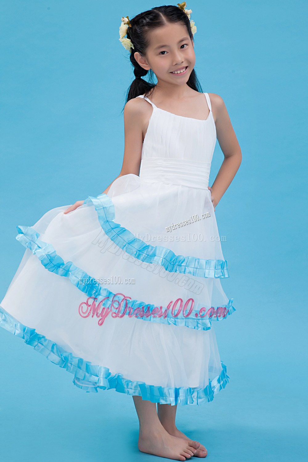 White Straps Tea-length Ruched Flower Girl Dress