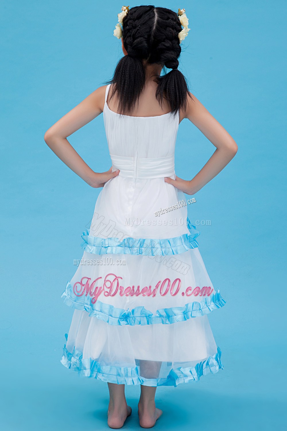 White Straps Tea-length Ruched Flower Girl Dress