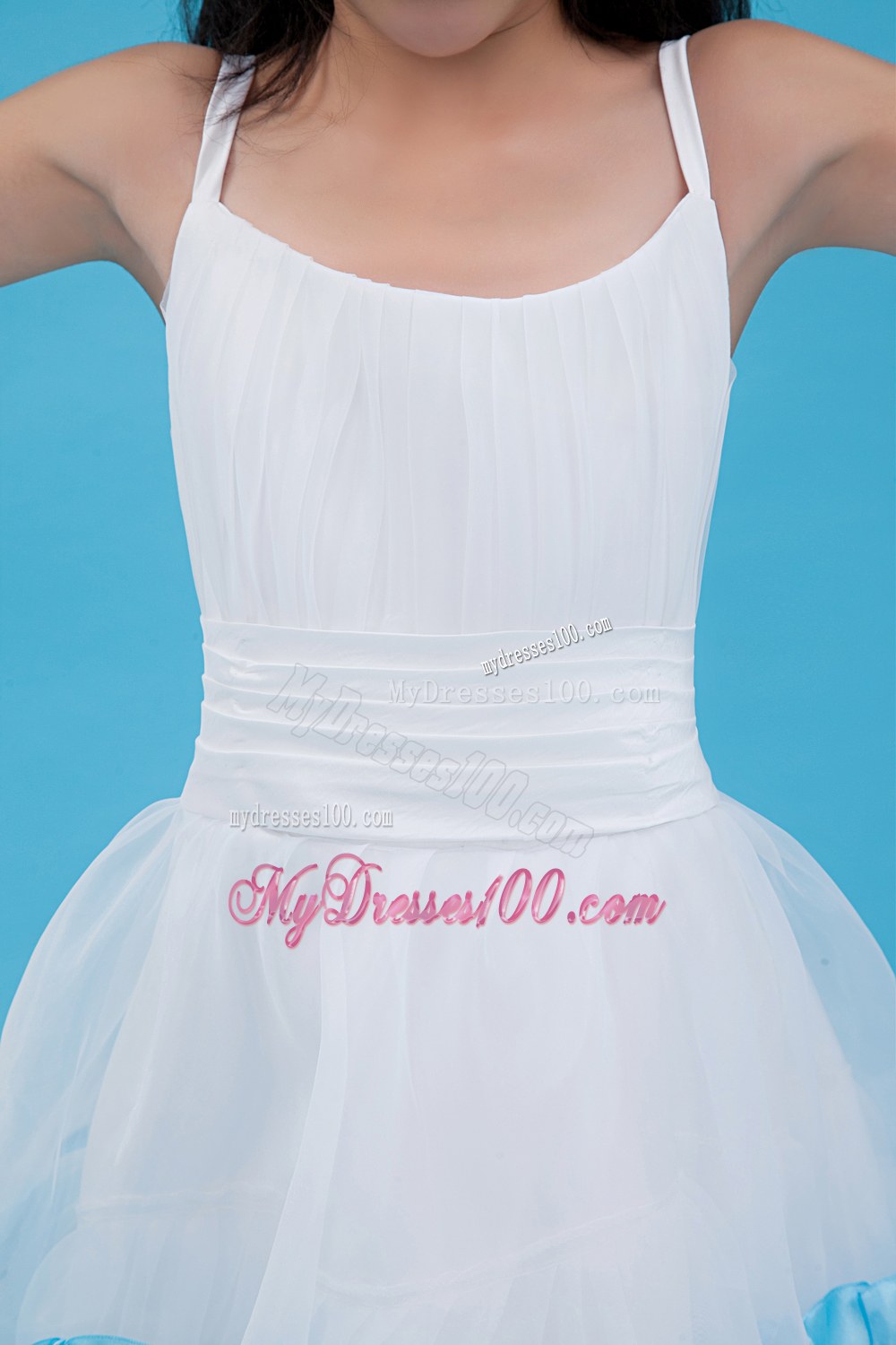 White Straps Tea-length Ruched Flower Girl Dress
