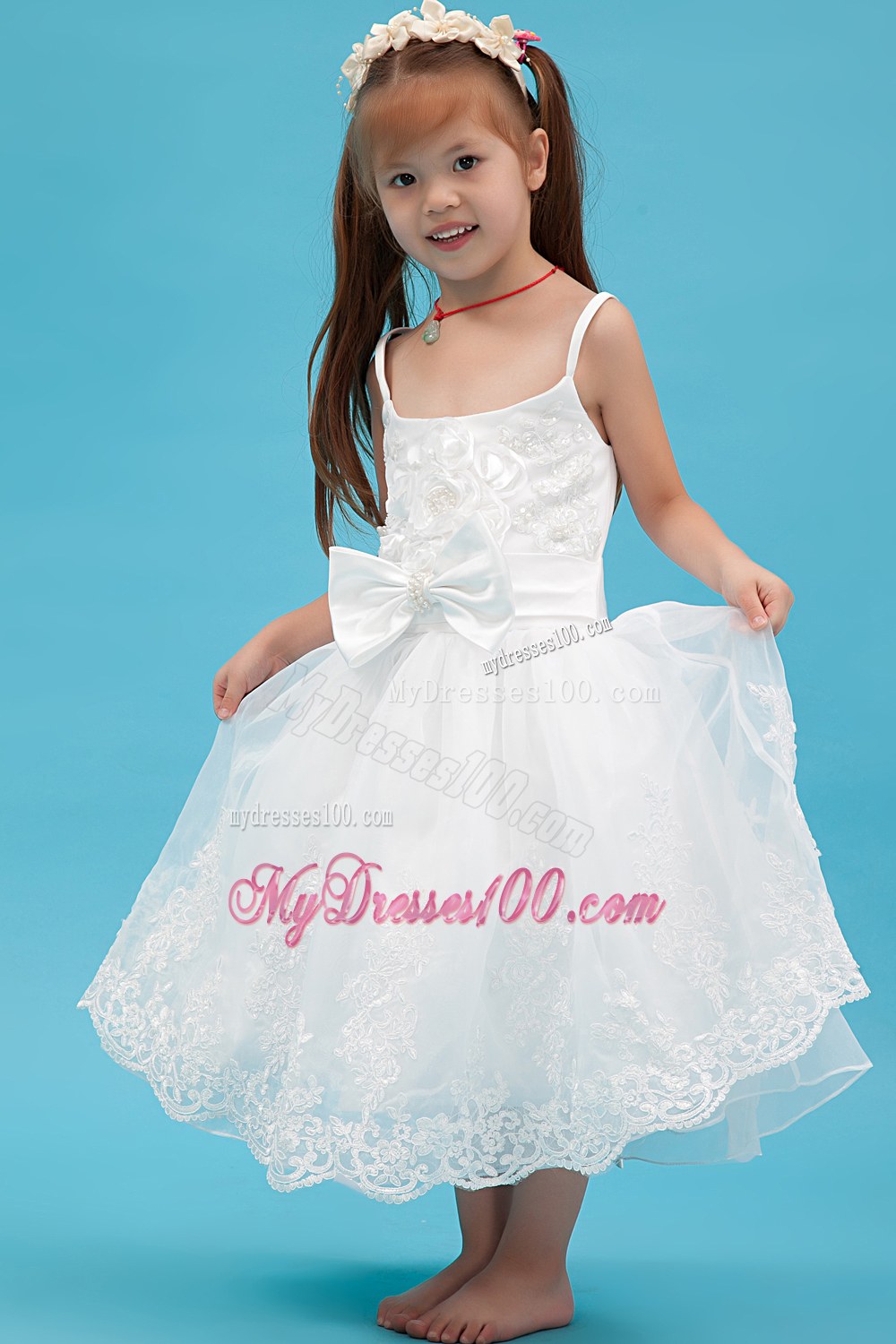 White Straps Tea-length Sash Flower Girl Dress