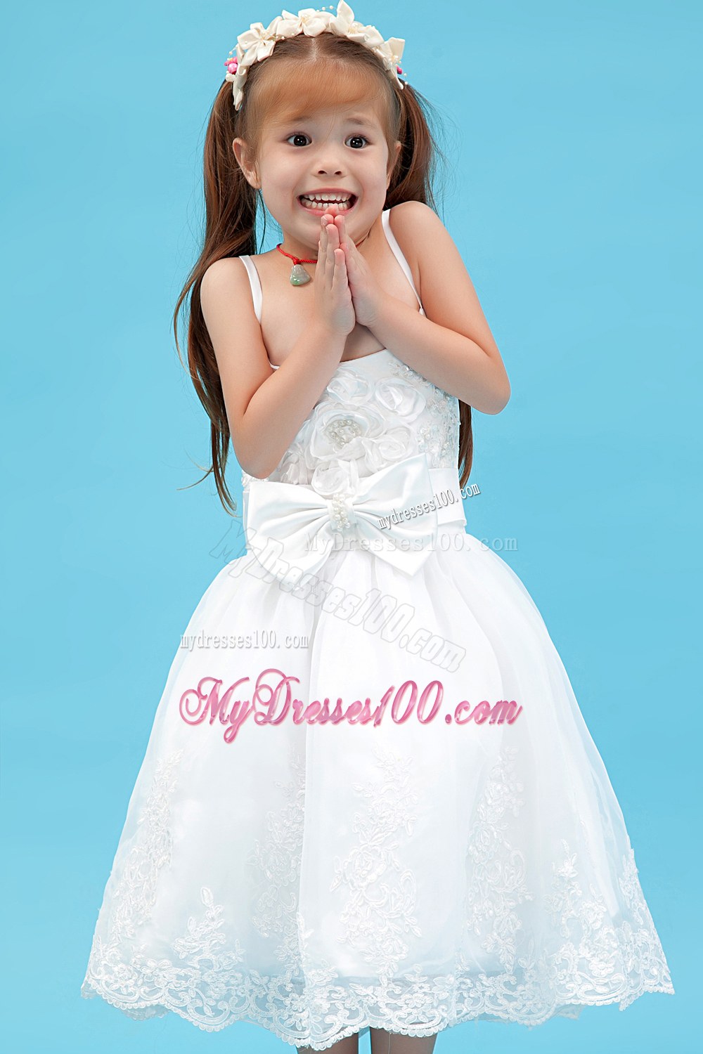 White Straps Tea-length Sash Flower Girl Dress