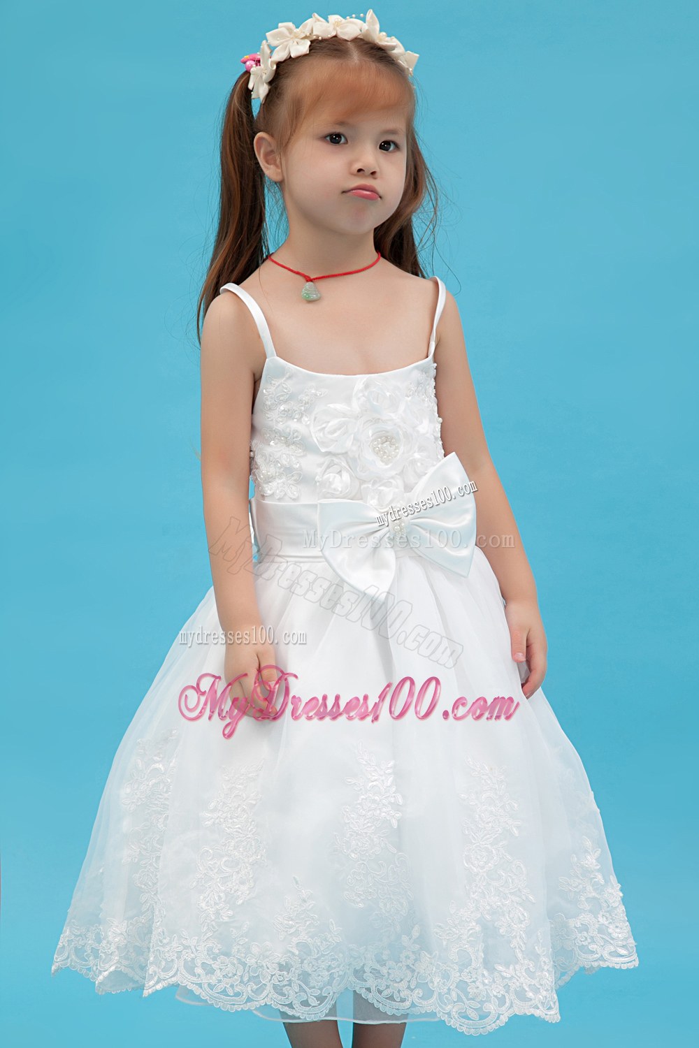 White Straps Tea-length Sash Flower Girl Dress