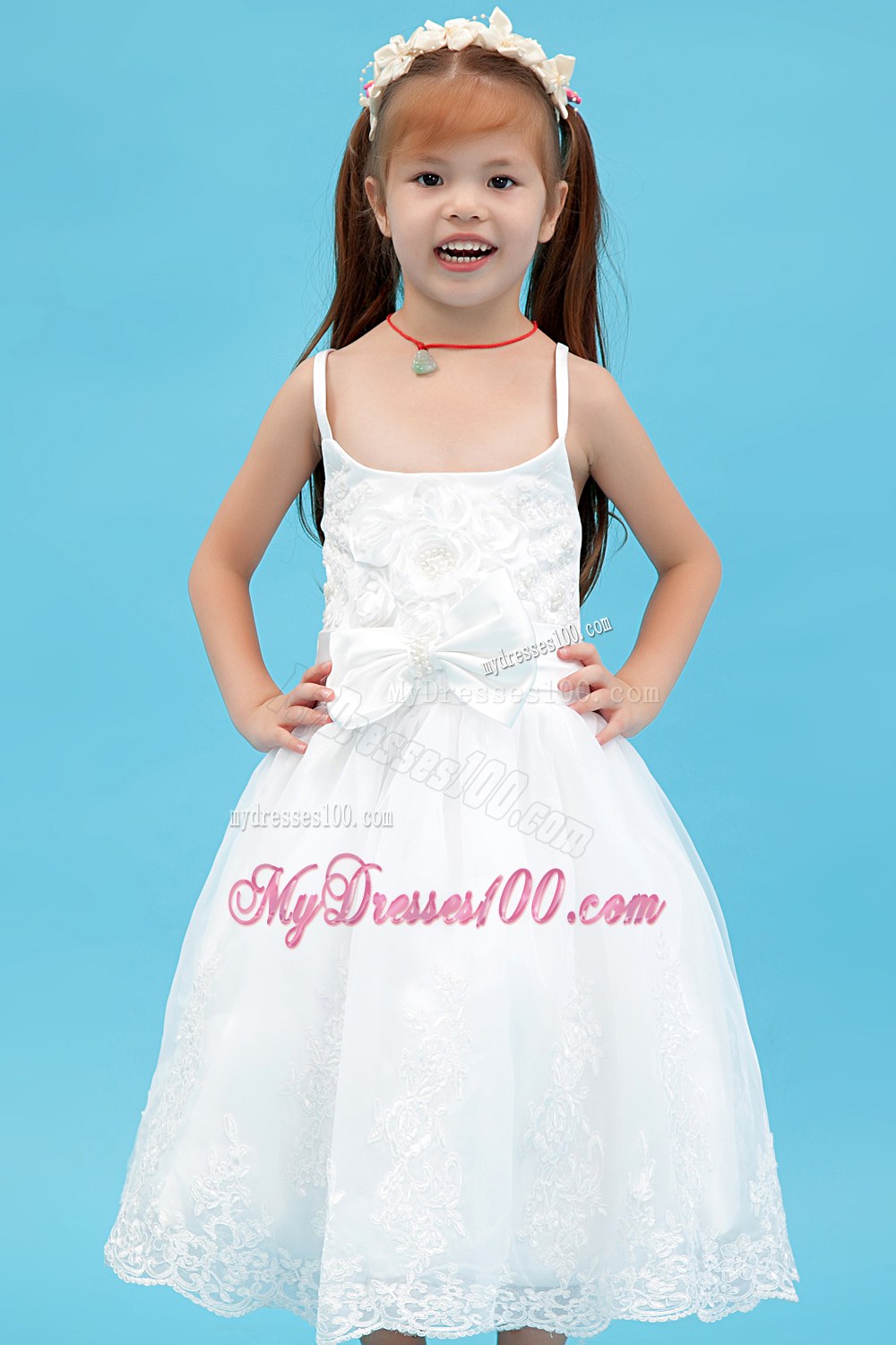 White Straps Tea-length Sash Flower Girl Dress