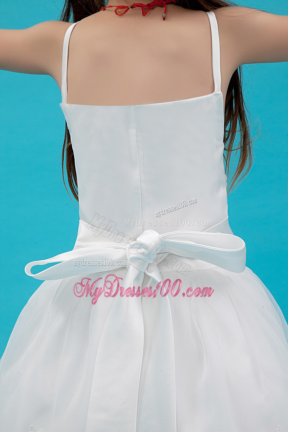 White Straps Tea-length Sash Flower Girl Dress
