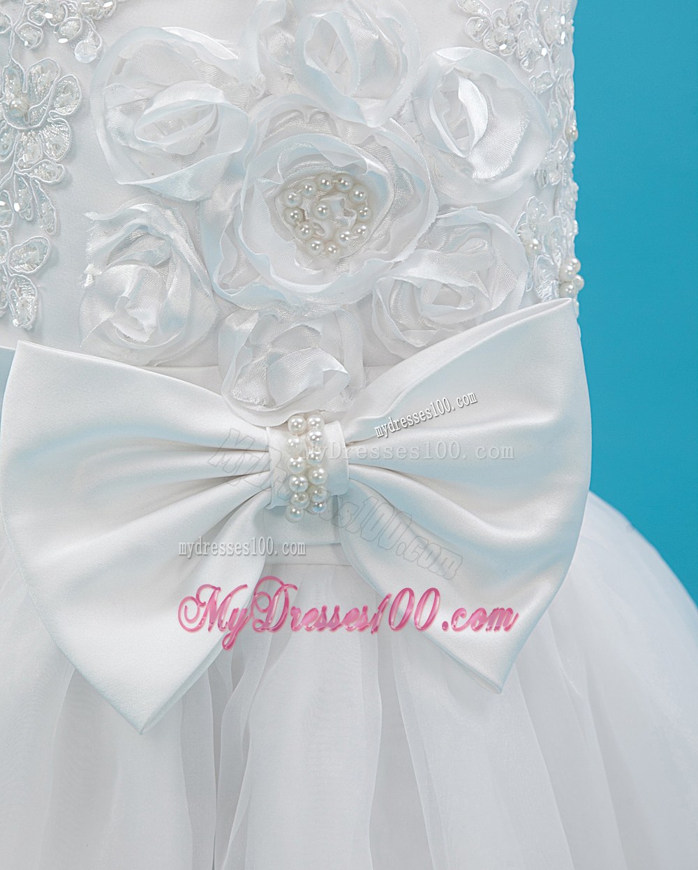 White Straps Tea-length Sash Flower Girl Dress