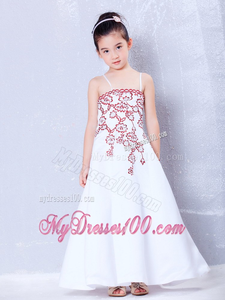 White Straps Ankle-length Embroidery Flower Girl Dress
