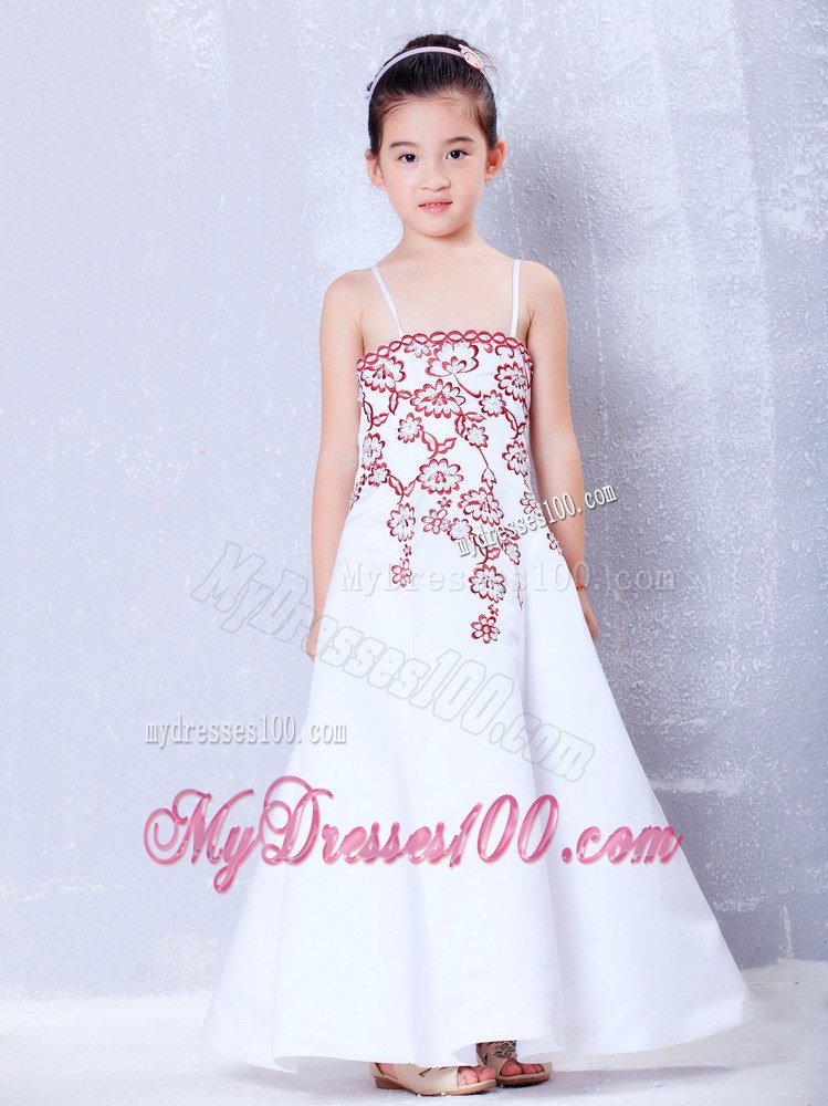 White Straps Ankle-length Embroidery Flower Girl Dress