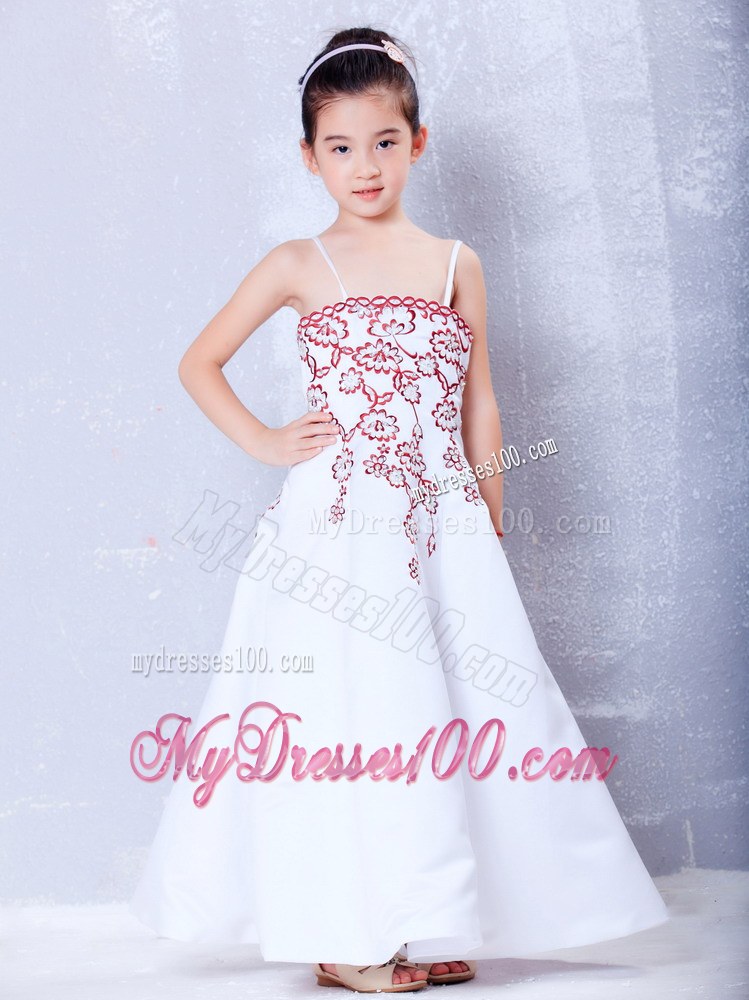 White Straps Ankle-length Embroidery Flower Girl Dress
