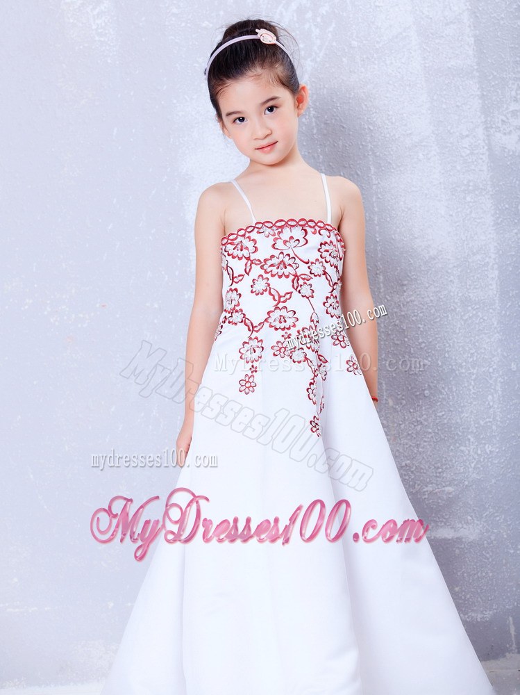 White Straps Ankle-length Embroidery Flower Girl Dress