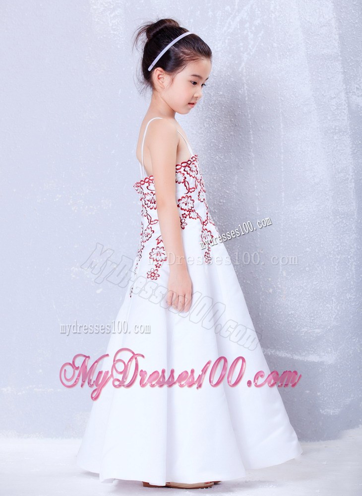 White Straps Ankle-length Embroidery Flower Girl Dress