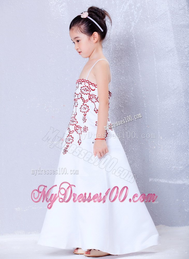 White Straps Ankle-length Embroidery Flower Girl Dress