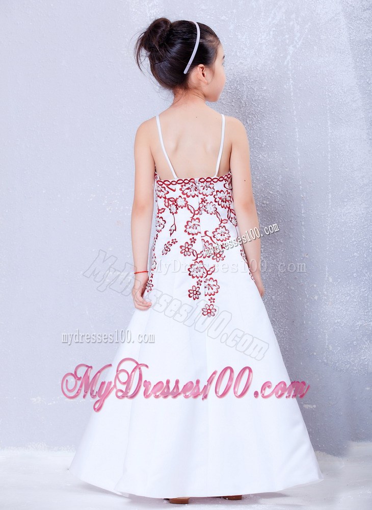 White Straps Ankle-length Embroidery Flower Girl Dress
