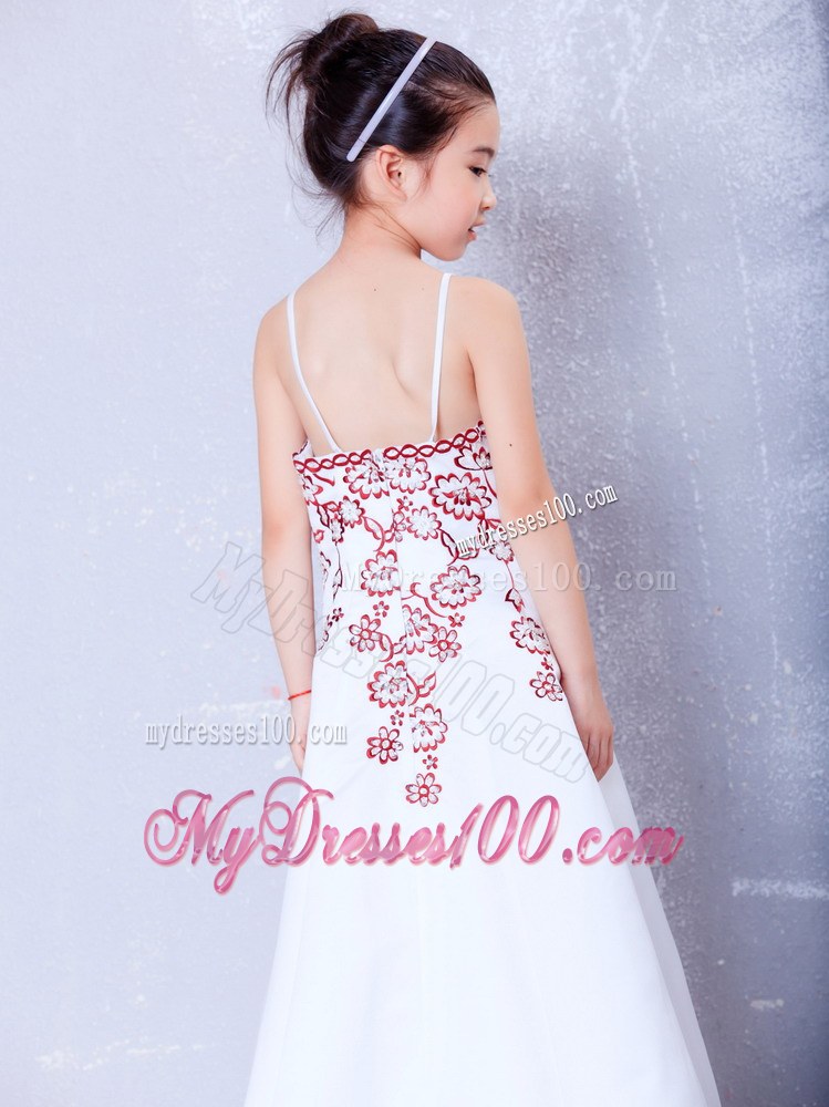 White Straps Ankle-length Embroidery Flower Girl Dress