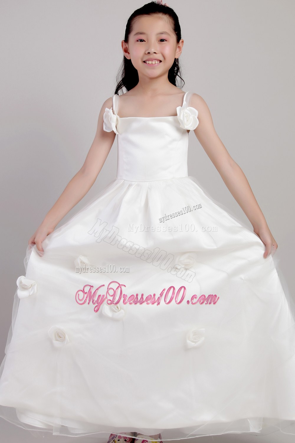 White Straps Floor-length Hand Made Flowers Flower Girl Dress
