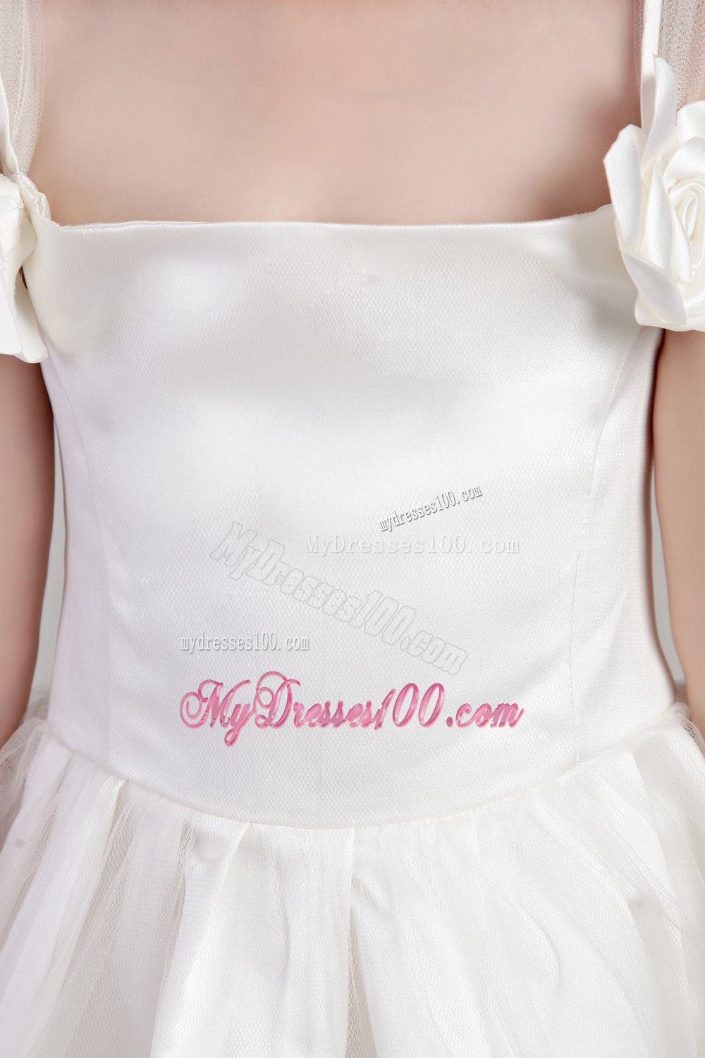 White Straps Floor-length Hand Made Flowers Flower Girl Dress