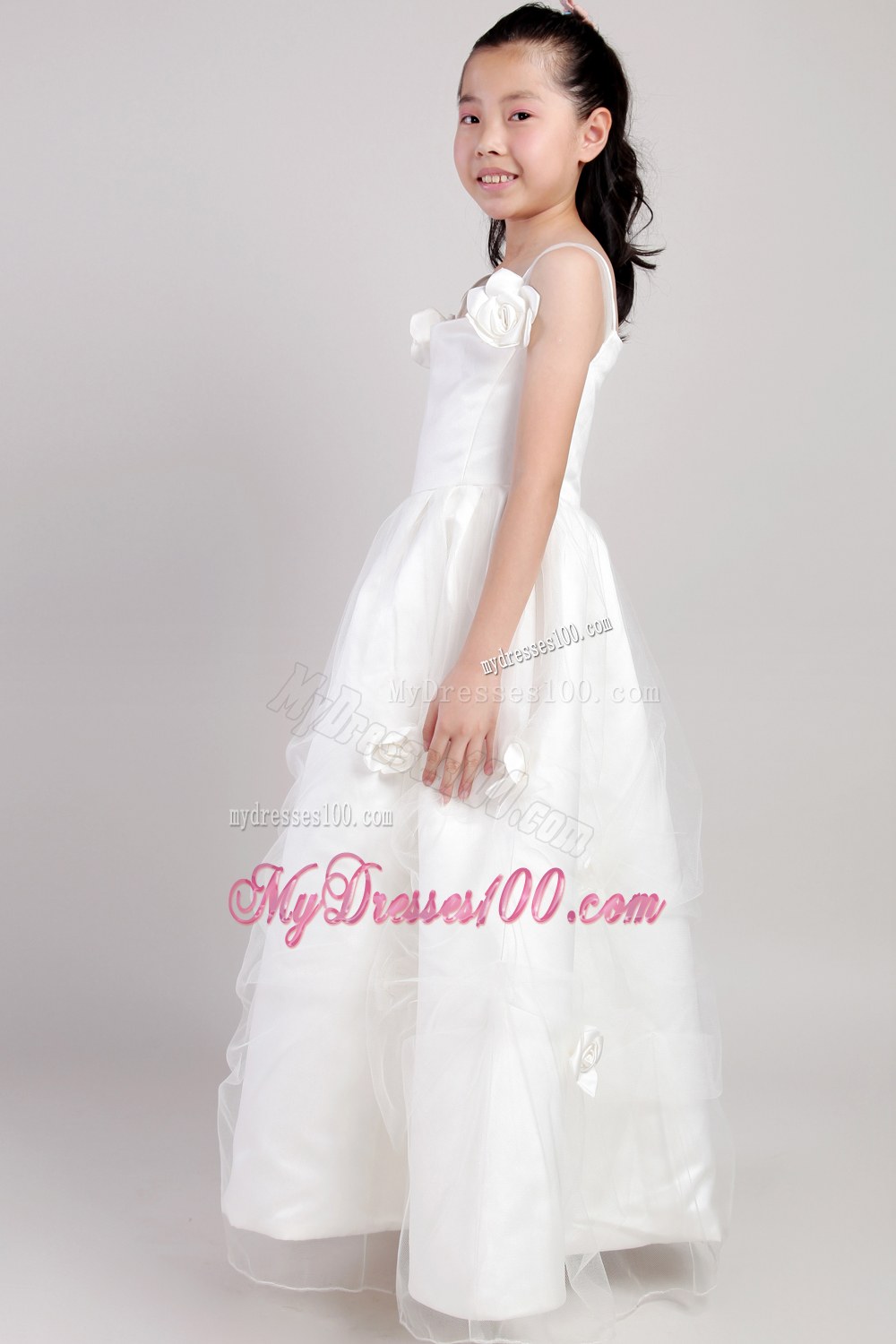 White Straps Floor-length Hand Made Flowers Flower Girl Dress