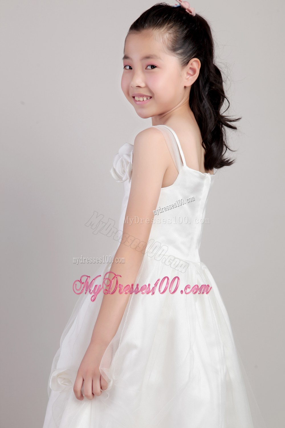 White Straps Floor-length Hand Made Flowers Flower Girl Dress