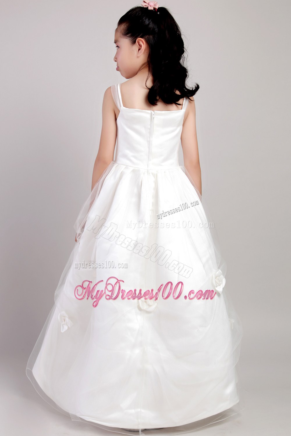 White Straps Floor-length Hand Made Flowers Flower Girl Dress