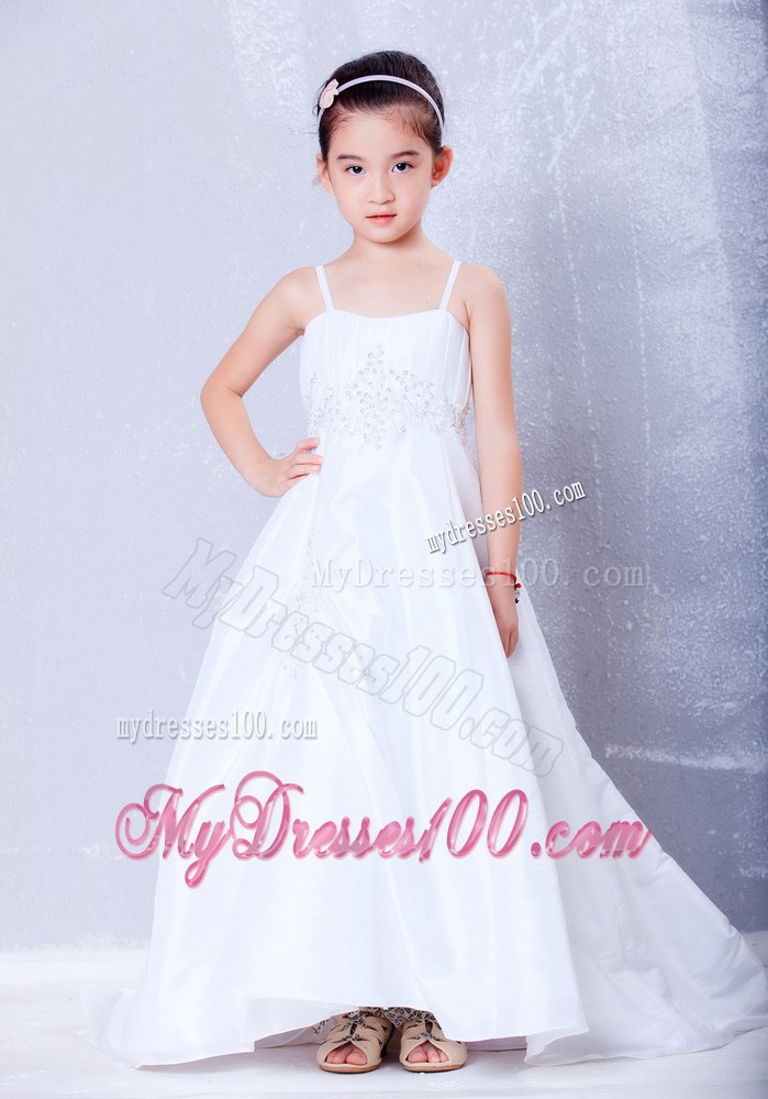 White Straps Court Train Appliques Flower Girl Dress