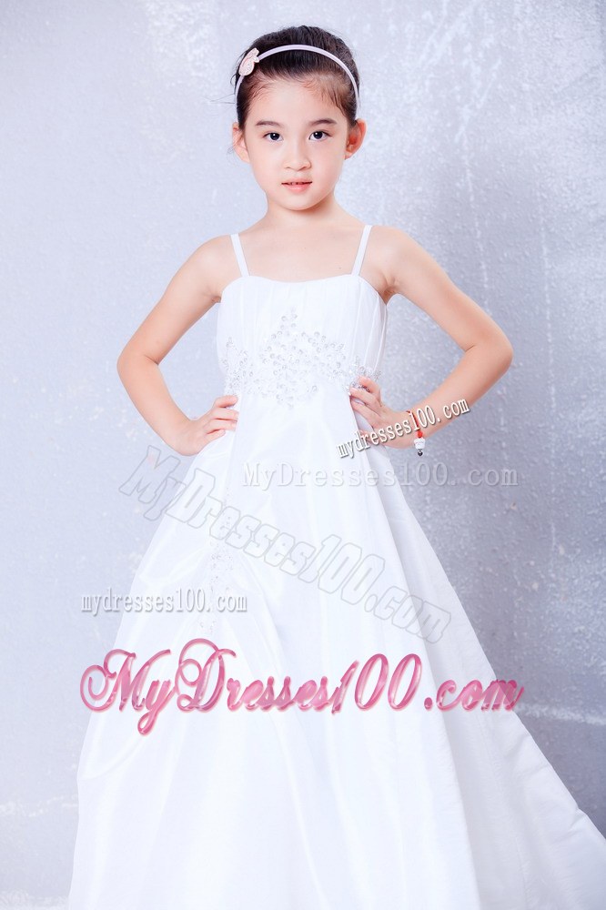 White Straps Court Train Appliques Flower Girl Dress