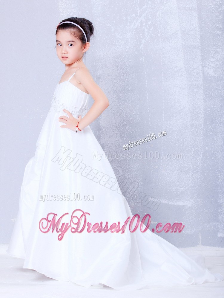 White Straps Court Train Appliques Flower Girl Dress