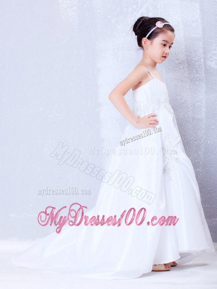 White Straps Court Train Appliques Flower Girl Dress