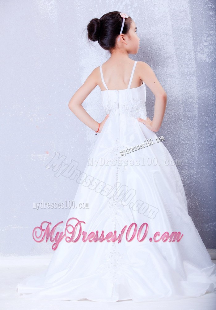 White Straps Court Train Appliques Flower Girl Dress