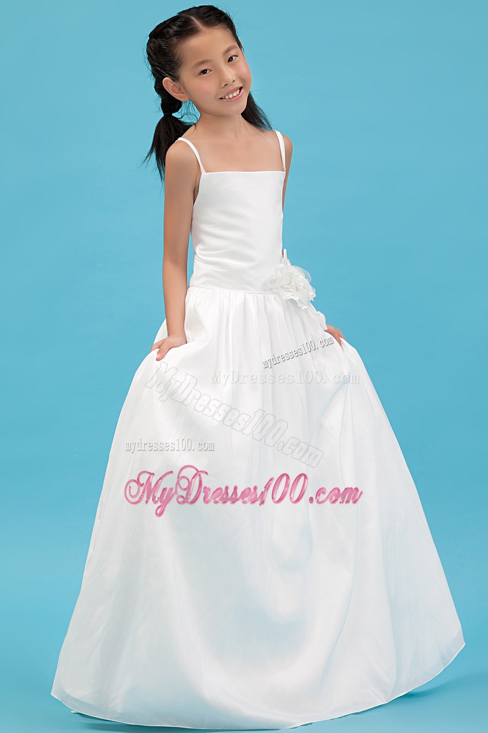 White Straps Floor-length Hand Made Flowers Flower Girl Dress
