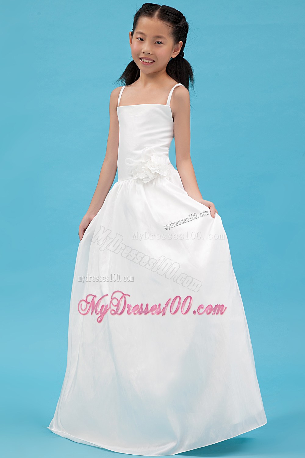 White Straps Floor-length Hand Made Flowers Flower Girl Dress