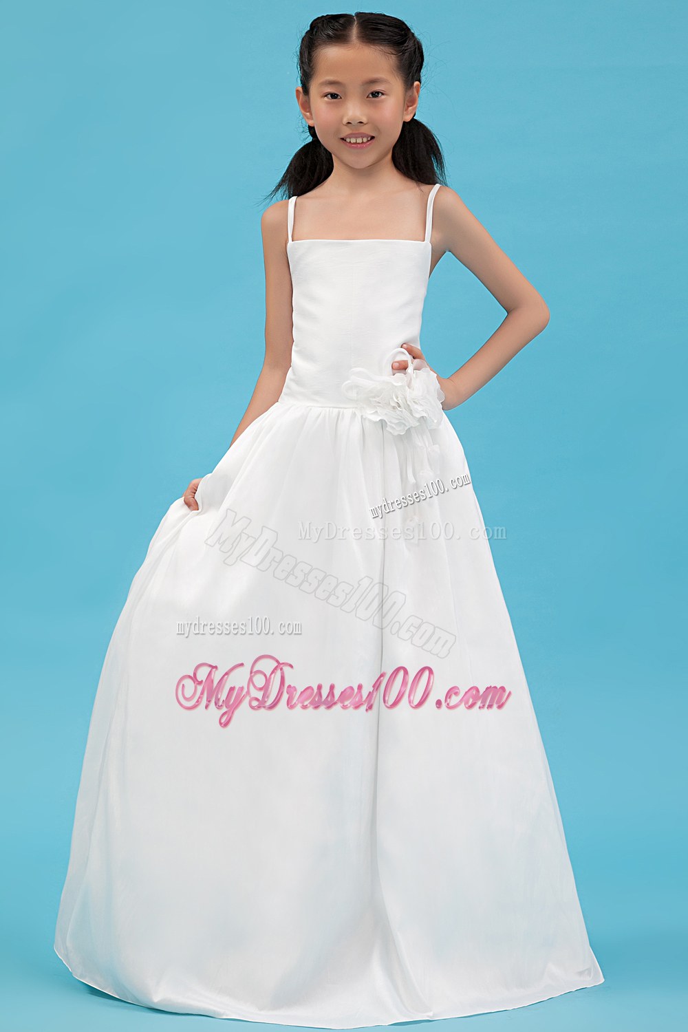 White Straps Floor-length Hand Made Flowers Flower Girl Dress