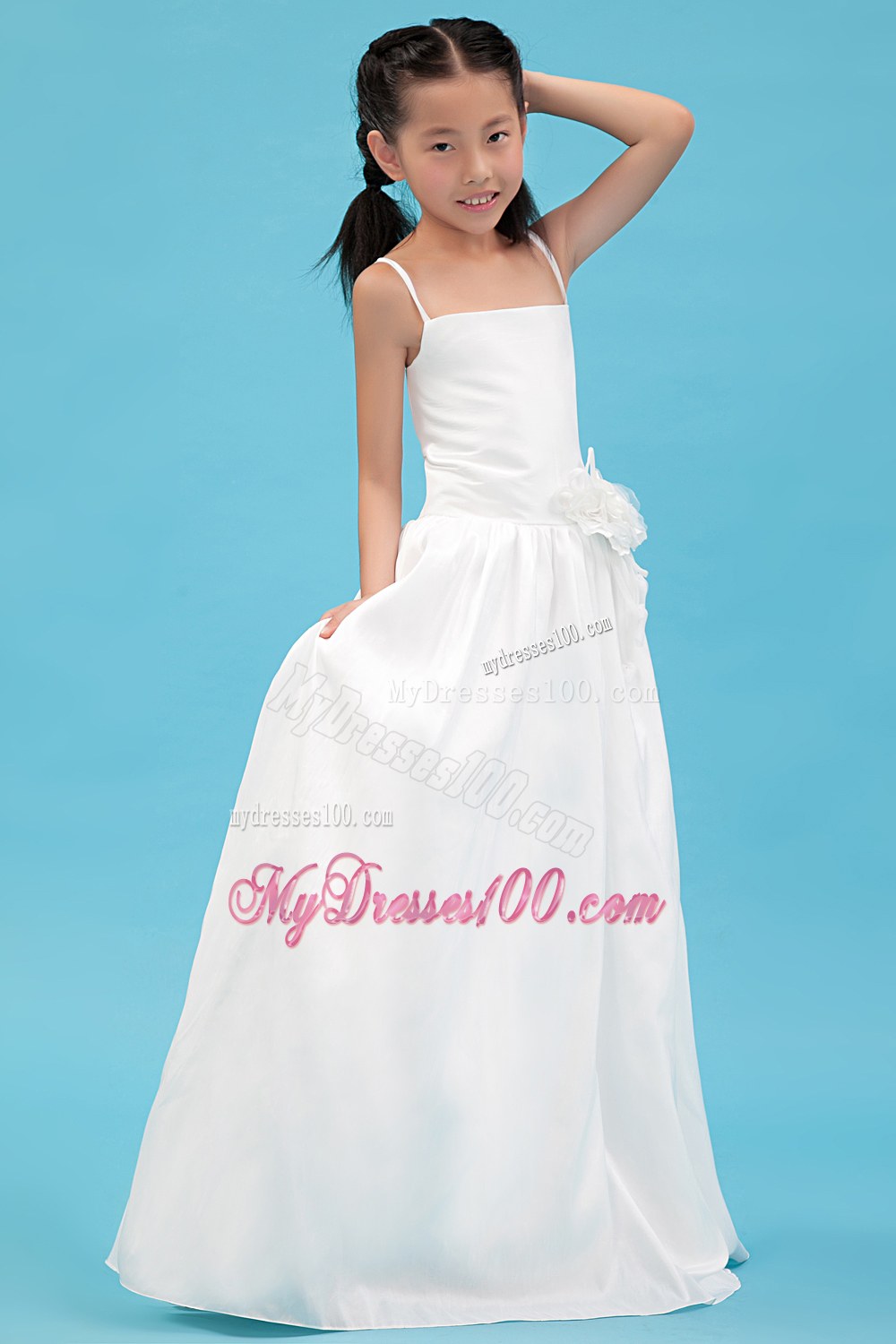 White Straps Floor-length Hand Made Flowers Flower Girl Dress