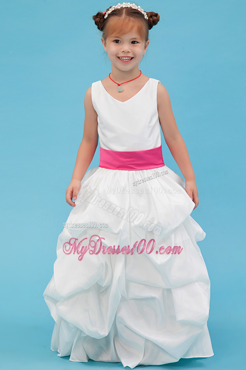 White V-neck Floor-length Sash Flower Girl Dress