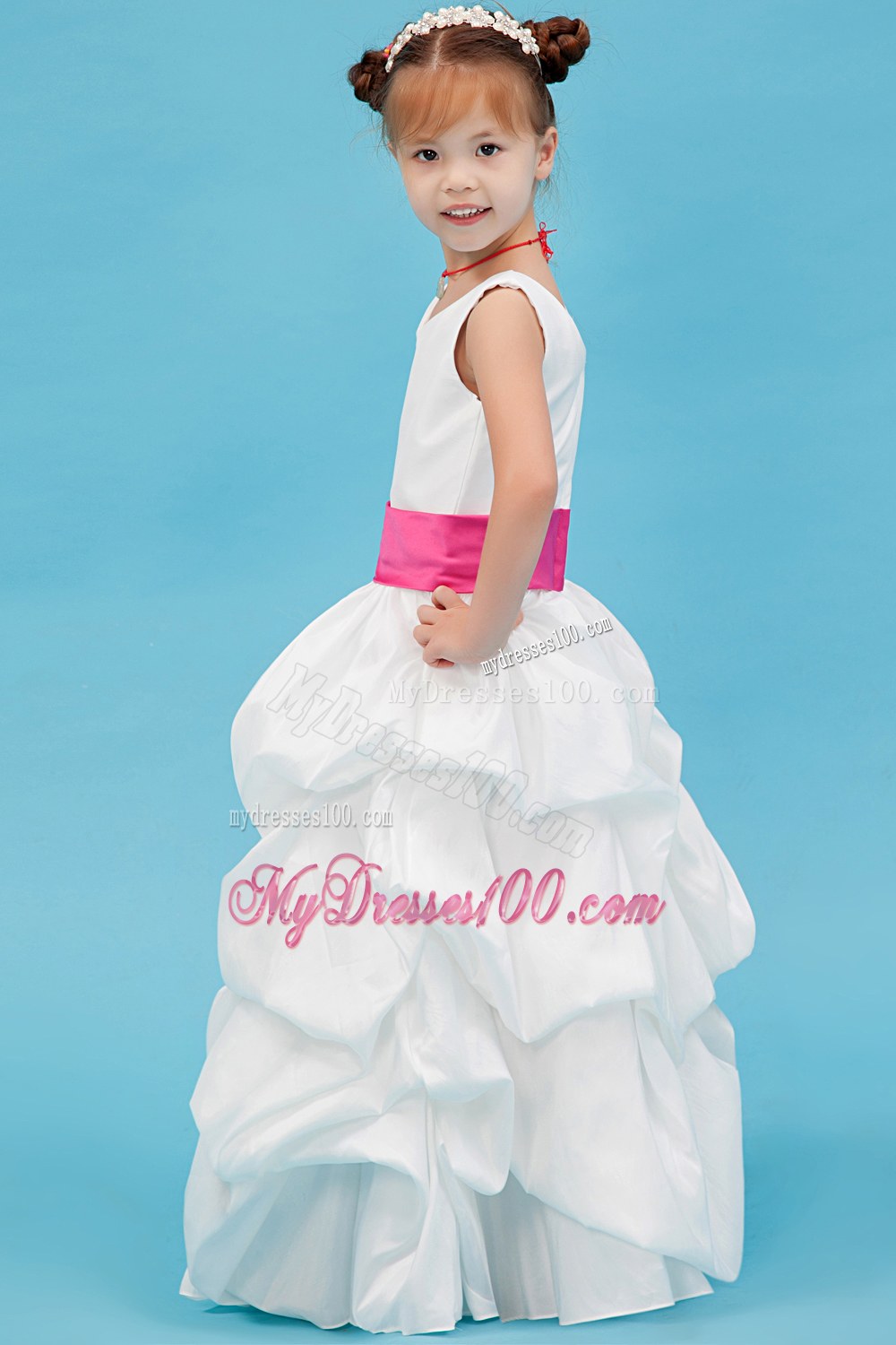 White V-neck Floor-length Sash Flower Girl Dress